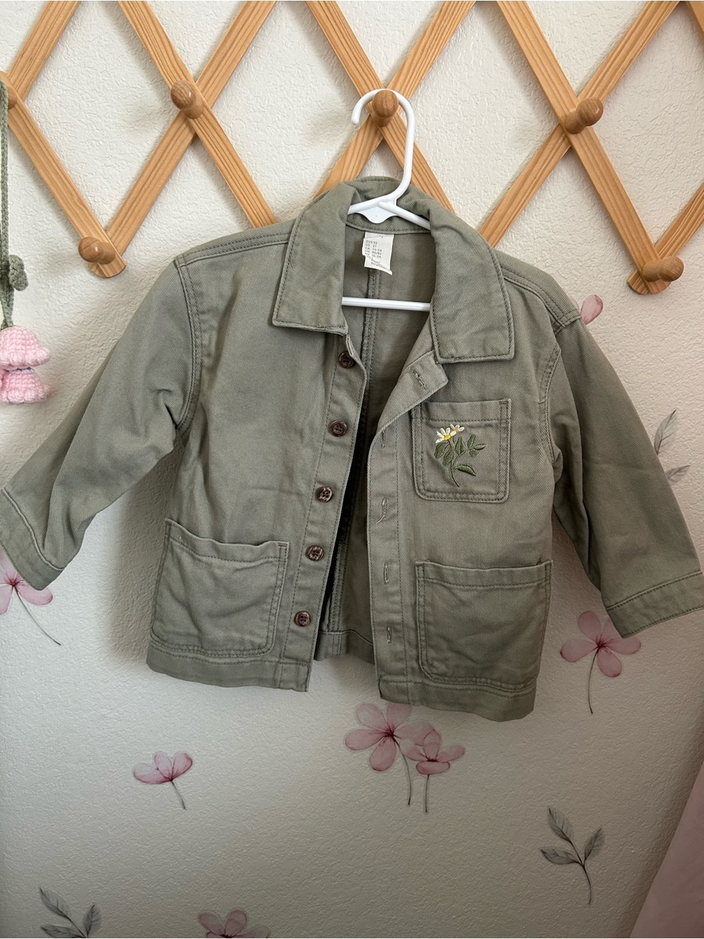 H&M Olive Green Kids' Jean Jacket with Floral Pocket Embroidery